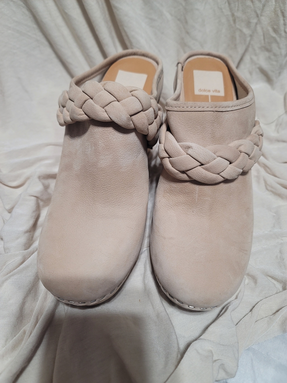 Dolce Vita Braided Leather Platform Clogs Nude Beige Suede Wood Heel EUC 8.5 - Picture 5 of 13
